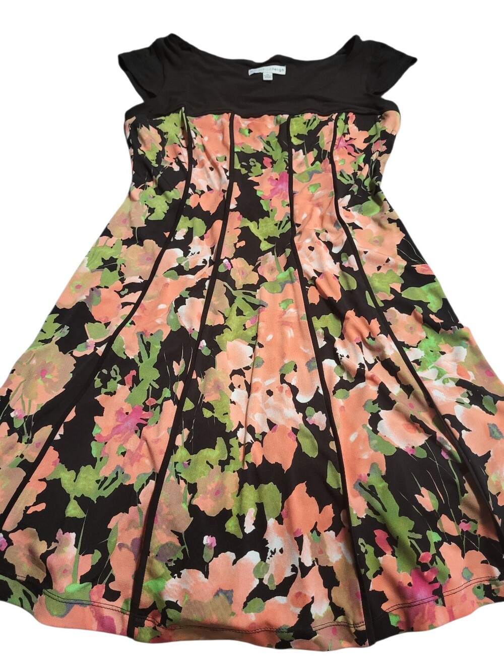 Floral Fit-and-Flare Skirted Dress - Black with Peach & Green Floral